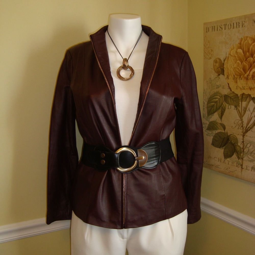 Neiman Marcus Genuine Leather Scuba Jacket in Burgundy - Picture 2 of 5
